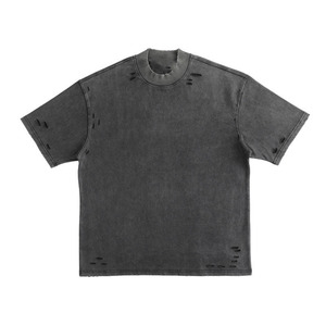 เสื้อยืดคอกลมแขนสั้นสีเทาสไตล์วินเทจสำหรับผู้ชาย แต่งขาดรุ่ย ดีไซน์เรียบง่าย สวมใส่สบาย - Product Image 4