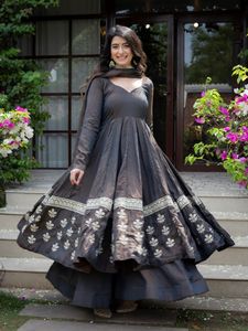 Heavy Vichitra <b>Silk</b> Sequence Embroidery Anarkali Suit Set With Stitched <b>Palazzo</b> And Matching Dupatta For Party Wear Women - Product Image 1