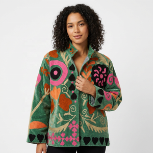 Vintage Suzani Embroidered Autumn Bomber Jacket Handmade Eco-Friendly Indian Floral Cotton Breathable Knitted - Product Image 3