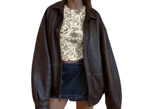 <b>Vintage</b> 90s Brown <b>Leather</b> Bomber <b>Jacket</b> Oversized Baggy Retro Coat for <b>Women</b> - Product Image 1