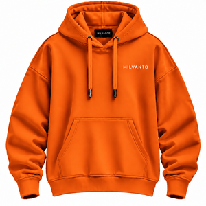 Sweat à capuche pour homme personnalisé en coton molletonné 100% avec poche kangourou, épaules tombantes, 450 GSM, impression personnalisée, qualité supérieure, couleur orange unie - Product Image 1
