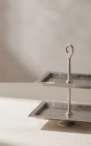 Wholesale Elegant Silver Finish <b>Two</b> <b>Tier</b> Square Serving Tray Pedestal <b>Cake</b> <b>Stand</b> Hammered Dessert Fruit Display <b>Stand</b> - Product Image 2