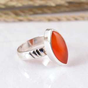 925 Sterling <b>Silver</b> Orange Carnelian <b>Ring</b> Natural Marquise Gemstone <b>Adjustable</b> Geometric Band Handcrafted Matte Finish Boho - Product Image 3