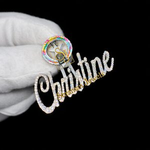 Trendy Rhodium Plated 925 <b>Silver</b> Lab Diamond Cursive Initial Name <b>Necklace</b> Bling Glow Enamel Letter Charms Custom Fine Pendants - Product Image 1