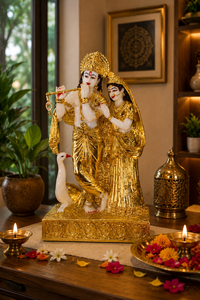 Figura de Krishna y Radha en Resina Chapada en Oro Hecha a Mano, Escultura Religiosa para Decoración de Mesa en Diwali, Diseño Tradicional Ligero - Product Image 1