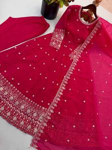 Women's <b>Red</b> Embroidered <b>Lehenga</b> Set With Gold Border Traditional Indian Pakistani Wedding Wear Floor-Length Loose Fit - Product Image 6