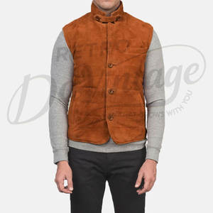 Chaleco Premium para Hombre de Cuero de Ante Color Bronceado, Acolchado, con Botones, Cuello Alto, Sin Mangas, Corte Ajustado, para Invierno - Product Image 3