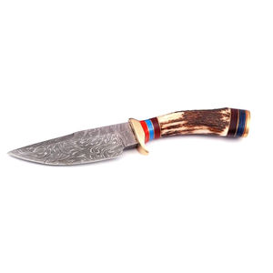 Couteau de chasse à lame fixe en acier Damas, pointe tombante, manche vert, couteau de survie pour l'extérieur avec étui en cuir - Product Image 2