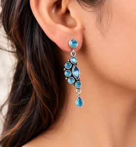 Onyx Chandelier <b>Earrings</b> | <b>Silver</b> Plated Brass with Lovers Shape | Vintage Boho Style Women's Party Jewelry - Product Image 1