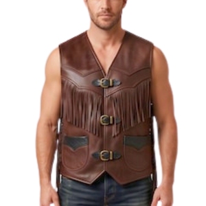 Chaleco de Cuero para Hombre, Cuero Genuino, Estilo Occidental, Chaleco con Flecos de Cuero Marrón, Estilo Vaquero Occidental - Product Image 1