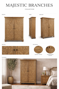 Premium Quality Hand Carved Solid Wood Double Door <b>Wardrobe</b> with Majestic Branches Panel Design for Bedroom at Export Price - Product Image 4