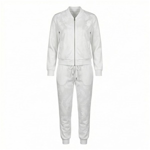 <b>Women</b> <b>White</b> Embossed Floral <b>Tracksuit</b> Full Sleeve Zipper Jacket & Jogger Pants Casual Spring Outfit - Product Image 1