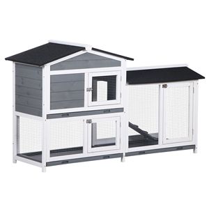 Conigliera Classica a 2 Piani in Legno di Abete Grigio Massiccio, Grande Gabbia per Conigli con Tetto Impermeabile e Rampa, Casetta per Piccoli Animali - Product Image 1