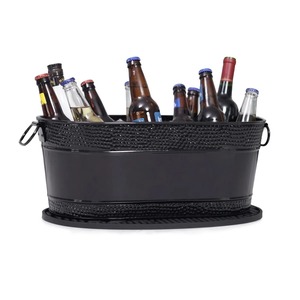 Cubetas de Hielo Ovaladas de Metal Negro Mate con Bandejas Protectoras Contra Goteos para Eventos, Moderna Bañera Enfriadora de Bebidas de Acero Negro Martillado - Product Image 1