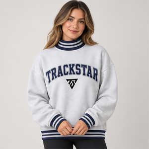 <b>Women's</b> Light Heather Grey Mock Neck Sweatshirt with <b>Navy</b> Striped Trim Varsity Letters Long Sleeve Custom Logo - Product Image 1
