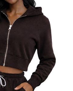 Sweat-shirt à capuche zippé court pour femme, couleur marron, manches longues, style streetwear décontracté, veste de sport et fitness, personnalisable par le fabricant - Product Image 4