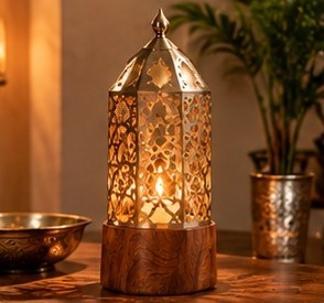 Lanterne marocaine ronde dorée avec base en bois et découpes métalliques, décoration vintage faite à la main par Aqdus Saleem pour mariage et Halloween - Product Image 1