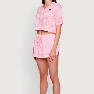 Ensemble de football américain pour femmes, style streetwear, avec crop top rose à strass et short à cordon de serrage, vêtements de sport, vente en gros, OEM USA - Product Image 6