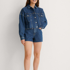 Conjunto de Shorts de Mezclilla Premium para Mujer, Camisa Informal Elegante a Juego con Shorts, 100% Algodón, Transpirable, Ecológico, Ajuste Cómodo - Product Image 1
