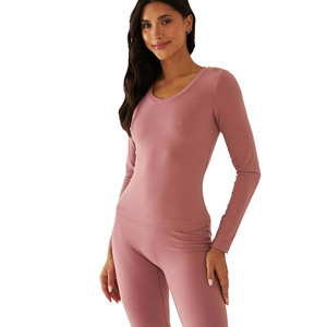 Hauts de yoga pour femmes à manches longues, antibactériens, écologiques, respirants, séchage rapide, en Spandex/Nylon, coupe ajustée, col rond, devant uni - Product Image 3