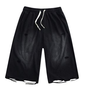 Custom Mens Distressed Ripped Sweat Shorts Black Washed Cotton Drawstrings <b>Elastic</b> <b>Waisted</b> Baggy Y2K Streetwear Loose Fit Shorts - Product Image 1