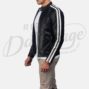 Chaqueta de Cuero Genuino para Hombre, Estilo Motero, Color Negro, con Rayas Blancas en las Mangas, Corte Ajustado, Estilo Racing, Ropa de Invierno - Product Image 1