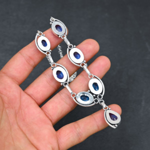 Collier de luxe personnalisé en argent sterling avec topaze bleue créée en laboratoire, perle d'eau douce en forme de poire, 7 pierres, certifié par un tiers, 18 pouces - Product Image 4