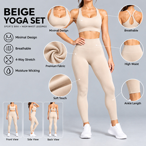 Ensemble de yoga minimaliste beige nude pour femme : Leggings taille haute et brassière de sport, couleur unie neutre, deux pièces, pour Pilates, gym et entraînement, vêtements de sport actifs - Product Image 5