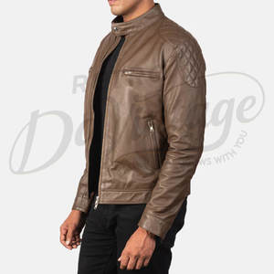 Veste en cuir véritable marron classique pour homme, style motard, coupe ajustée, épaules matelassées, col montant élégant, manteau d'hiver décontracté - Product Image 4