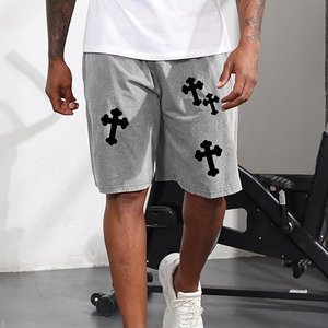 Shorts de sport décontractés pour hommes avec logo personnalisé sur le devant, 100% coton molletonné épais, délavage acide, taille à cordon de serrage, taille mi-haute, design effet soleil éclairé - Product Image 2