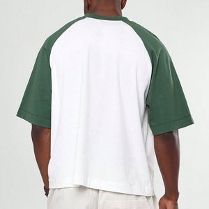 T-shirt pour homme à manches raglan blanc et vert, col en V, 100% coton, coupe classique, jersey uni, t-shirt décontracté en jersey tricoté - Product Image 3