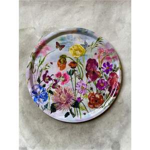 Plateau de service rond en métal imprimé floral de luxe, plateau décoratif en émail pour table basse, motif papillon et fleurs, décoration d'intérieur, cadeau - Product Image 1