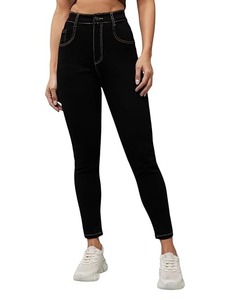 Jean droit taille mi-haute pour femme en denim vintage écologique, coupe décontractée, déchiré et délavé, longueur genou - Product Image 1