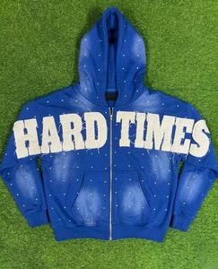 Sudadera con Capucha Hard Times Bordada con Pedrería para Hombre, Naranja, Estilo Urbano, Corte Holgado, Transpirable, de Algodón French Terry - Product Image 4