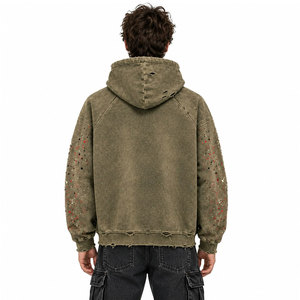 Sudadera con Capucha Extra Grande de Primera Calidad, Color Verde Oliva, Lavado Ácido, Diseño Gráfico Desgastado, Estilo Hip Hop Urbano, Raglán - Product Image 3