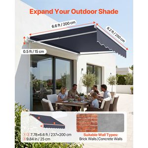 Manual Retractable 8.2FT X 6.6FT Outdoor Patio Awning Water Resistant Polyeste Sun <b>Shade</b> for Patio Door <b>Window</b> Max Projection 5m - Product Image 2