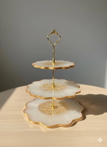 White And Gold Resin Flower Shape Three <b>Tier</b> <b>Cake</b> <b>Stand</b> Perfect For Birthday Parties Gifting And Dessert Display From India - Product Image 1