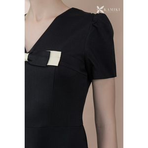 Elegante Vestido Midi Plisado con Manga con Volantes, Cuello Mandarín, Vestido de Oficina para Mujer, Corte en A, con Cinturón, Vestido Sólido 100% Algodón, Sencillo - Product Image 6