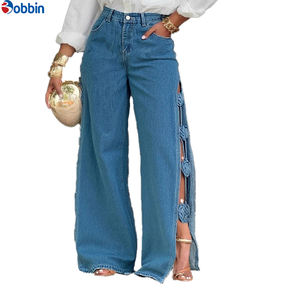 Jeans de mujer de cintura alta, holgados, casuales, nuevos, con aberturas, hechos a mano, con flores dimensionales, pantalones vaqueros de mezclilla para mujer - Product Image 1