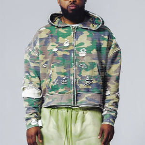 Wholesale Double Layer Washed Camo French Terry Sweatshirts for <b>Men</b> Distressed Cropped Boxy <b>Zip</b> <b>up</b> Camouflage Print Hoodie Homme - Product Image 3