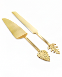 Gold Cake Knife And Server Set With Leaf Handles 2-Piece <b>Metal</b> Cake <b>Tools</b> For Wedding Use Events And Party Decorations - Product Image 1