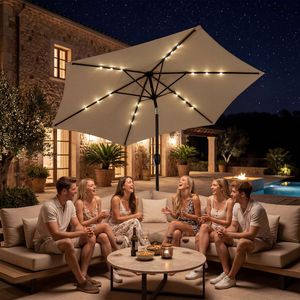 Ombrellone da Esterno Solare da 2,7 m con Luci LED, Impermeabile, in Polietilene, 6 Stecche, con Manovella e Pulsante di Inclinazione per Tavolo da Mercato - Product Image 5