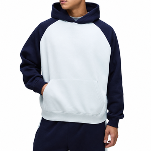 <b>Men's</b> <b>Navy</b> Blue Gray Color Blocking Hooded Sweatshirt Regular Fit <b>Fleece</b> Casual Wear Autumn Style Pocket Design - Product Image 1