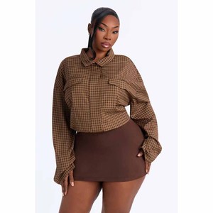 Women Autumn Fashion Long Sleeve Brown <b>Plaid</b> Print Casual Turn Down Collar Elastic Hem Cropped Button Up <b>Shirt</b> Top - Product Image 2