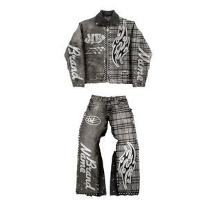 Conjunto de Jeans de Mezclilla Gruesos para Hombre, Efecto Desgastado, Estilo Vintage, Bordado, Técnica de Impresión con Pedrería - Product Image 1