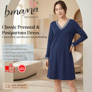 Vestido de Maternidad y Lactancia Clásico Bmama, Diseño a Cuadros, Acceso para Lactancia, Cuello en V, Manga Larga, Largo hasta la Pantorrilla, Antialérgico y Antibacteriano - Product Image 1