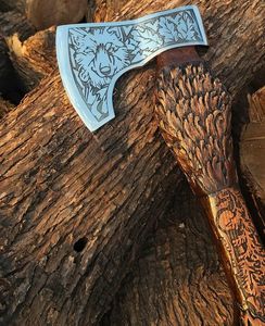 Wholesale Hand Forged Viking Bearded <b>Axe</b> with Carved <b>Wooden</b> Handle Bushcraft Camping Hatchet Gift Box and Leather Sheath - Product Image 6