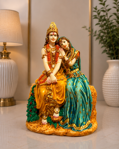 Nirmala Handicrafts - Estatua de Resina Hecha a Mano con Polvo de Mármol de Radha Krishna - Ídolo del Pareja Divina Sentada con Bansuri, para Mesa o Templo - Product Image 1