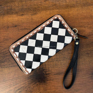 กระเป๋าคลัทช์ลายตารางหมากรุกหนังแท้แฟชั่นสไตล์ตะวันตกมีซิปรอบพร้อมกระเป๋าสตางค์อเนกประสงค์แบบมีสายคล้องข้อมือ - Product Image 5