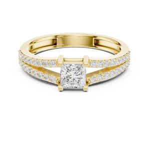 Anillo de compromiso con diamante talla princesa y banda dividida en oro amarillo de 18K con doble banda pavé, anillo nupcial - Product Image 3